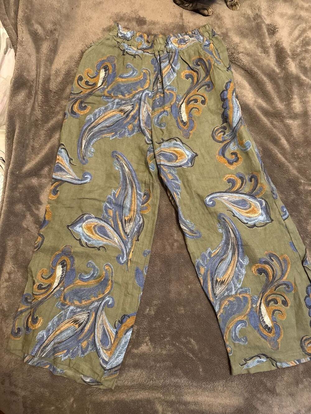 Italian Lagenlook Paisley Print 100% Linen Wide Leg Trousers